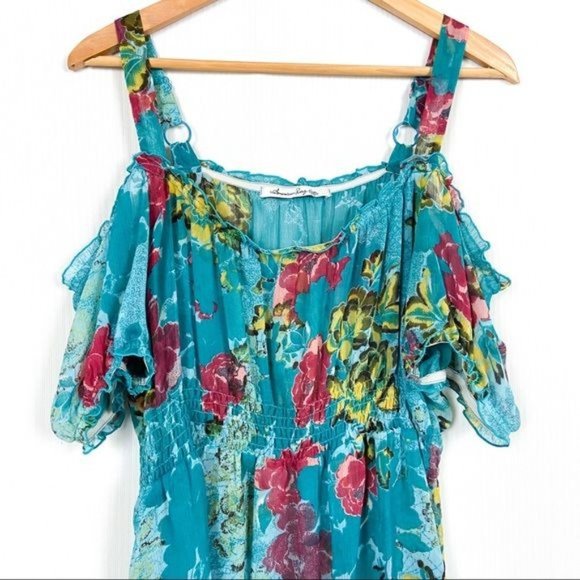 American Rag Off the Shoulder Floral Blouse Size Small Teal Green Blue - Picture 4 of 7